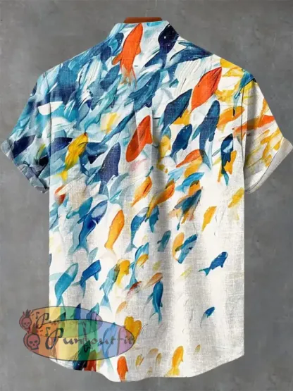 Blue Orange Abstract Fish Shoal Print Casual 100% Cotton Shirt GEOMETRIC ART DESIGN