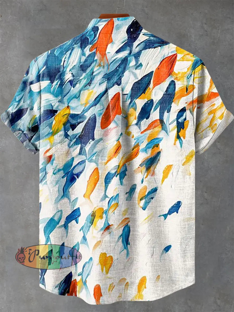 Blue Orange Abstract Fish Shoal Print Casual 100% Cotton Shirt GEOMETRIC ART DESIGN
