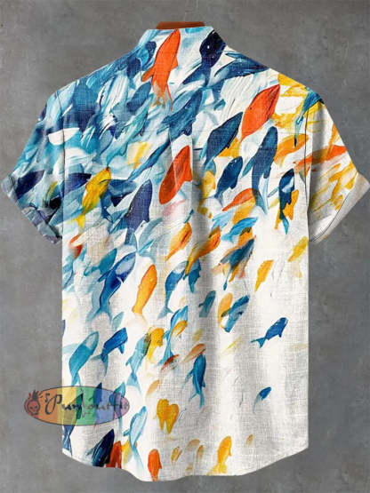 Blue Orange Abstract Fish Shoal Print Casual 100% Cotton Shirt GEOMETRIC ART DESIGN