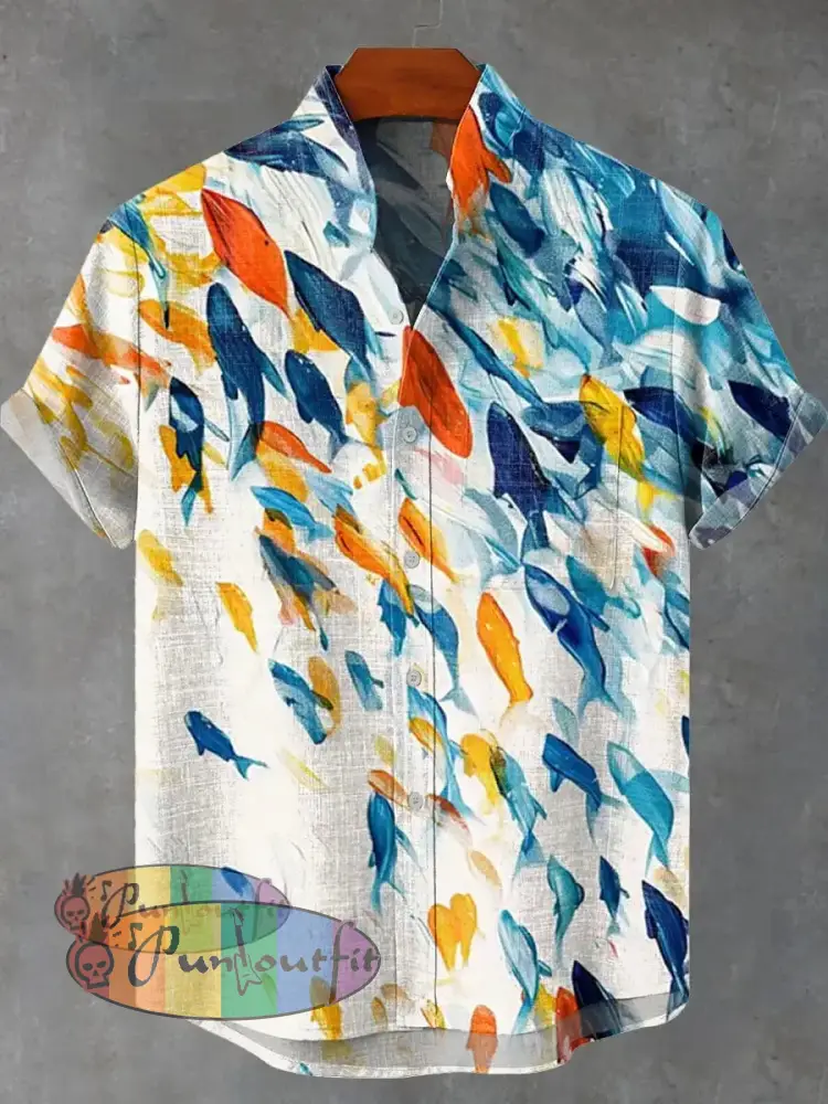 Blue Orange Abstract Fish Shoal Print Casual 100% Cotton Shirt Multicolor / S GEOMETRIC ART DESIGN