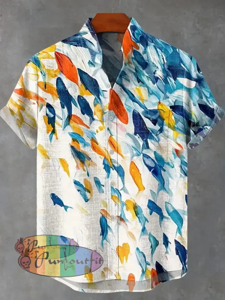 Blue Orange Abstract Fish Shoal Print Casual 100% Cotton Shirt Multicolor / S GEOMETRIC ART DESIGN