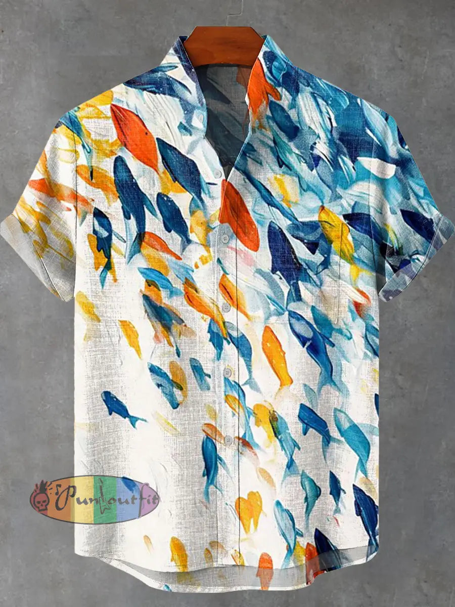 Blue Orange Abstract Fish Shoal Print Casual 100% Cotton Shirt Multicolor / S GEOMETRIC ART DESIGN