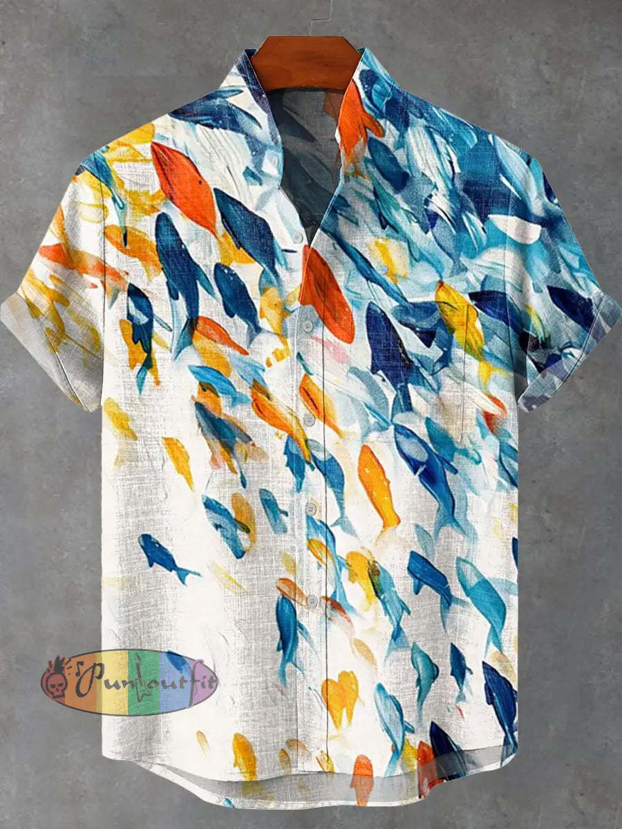 Blue Orange Abstract Fish Shoal Print Casual 100% Cotton Shirt Multicolor / S GEOMETRIC ART DESIGN