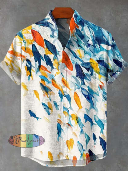 Blue Orange Abstract Fish Shoal Print Casual 100% Cotton Shirt Multicolor / S GEOMETRIC ART DESIGN