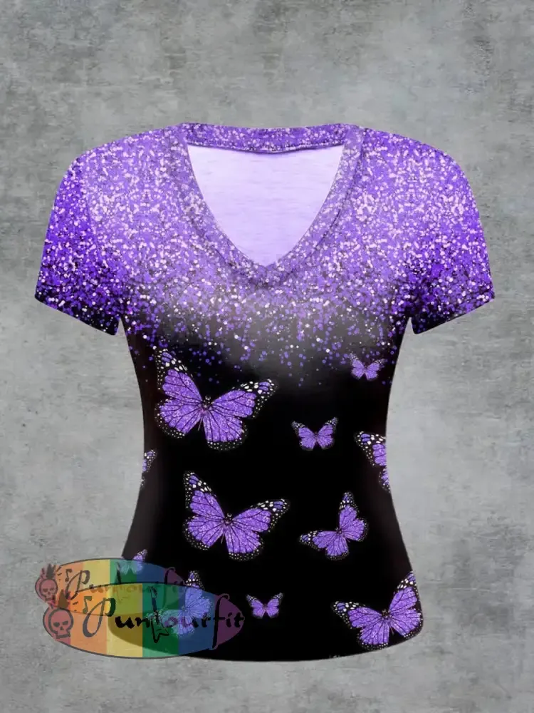 Butterfly Printed Vintage Fashion Loose V-Neck Short Sleeve T-Shirt Purple / S