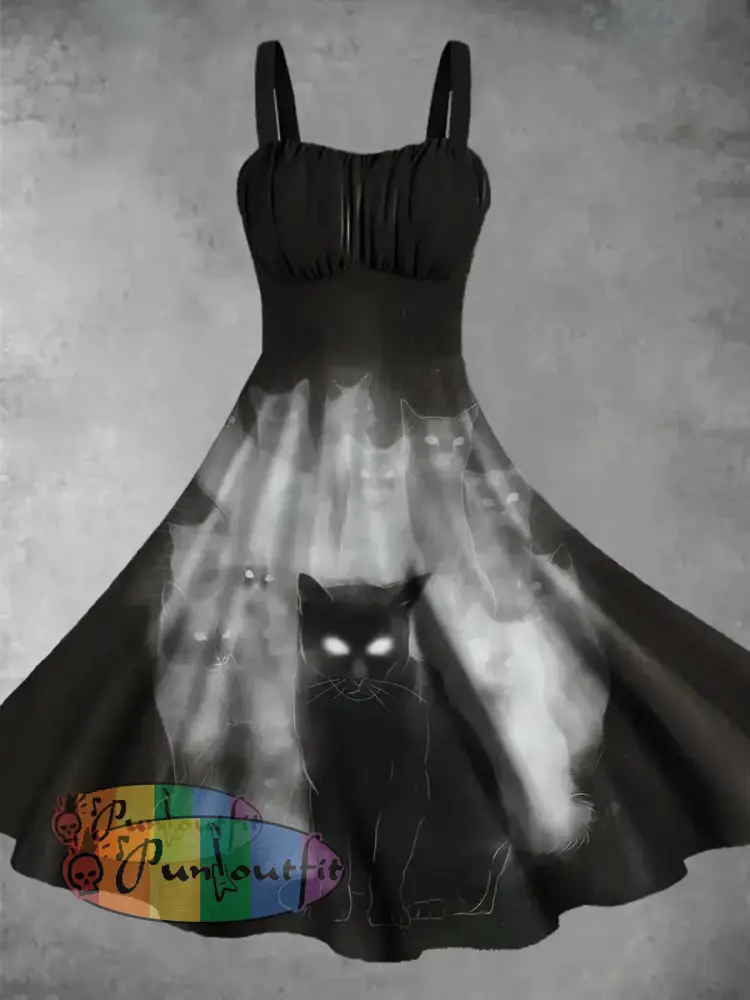 Cat And Ghost Print Sleeveless Midi Dress Black / S