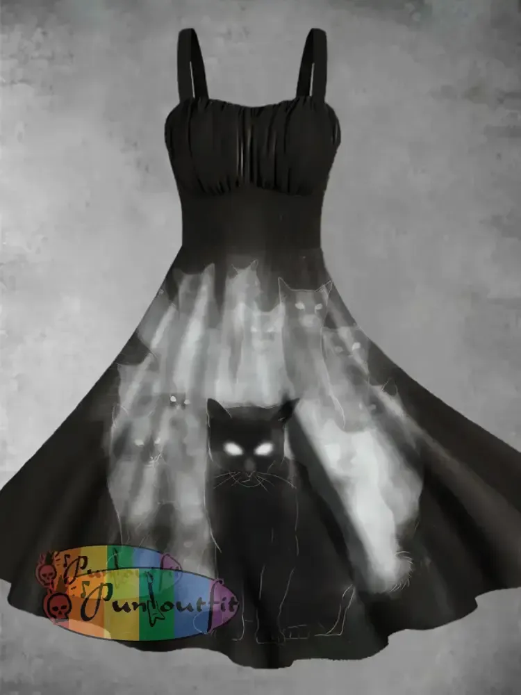 Cat And Ghost Print Sleeveless Midi Dress Black / S