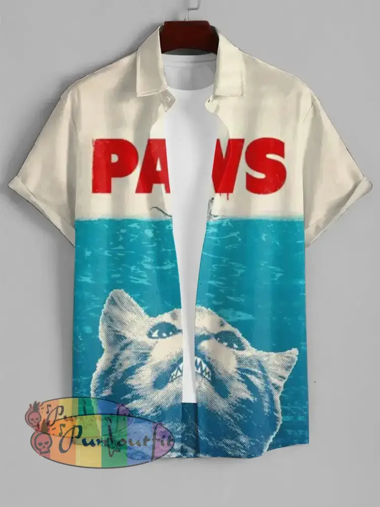 Cat Paws Print Vintage Short Sleeve Casual Shirt Colorful / S