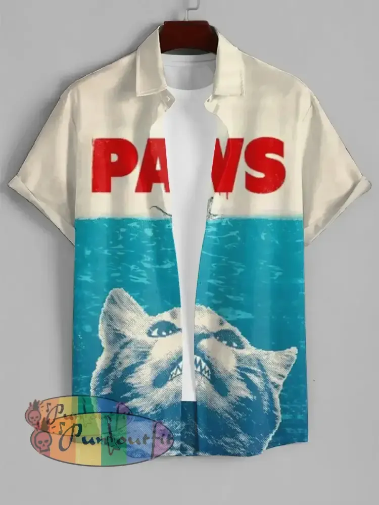 Cat Paws Print Vintage Short Sleeve Casual Shirt Colorful / S