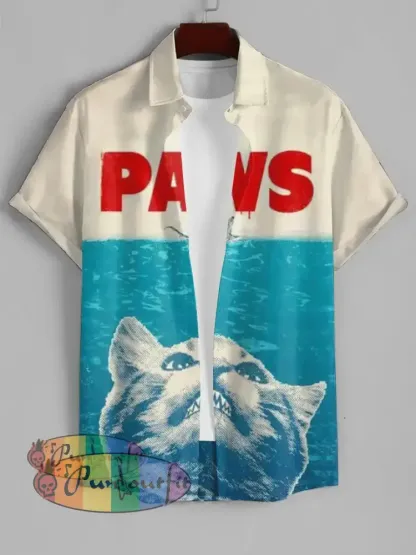 Cat Paws Print Vintage Short Sleeve Casual Shirt Colorful / S