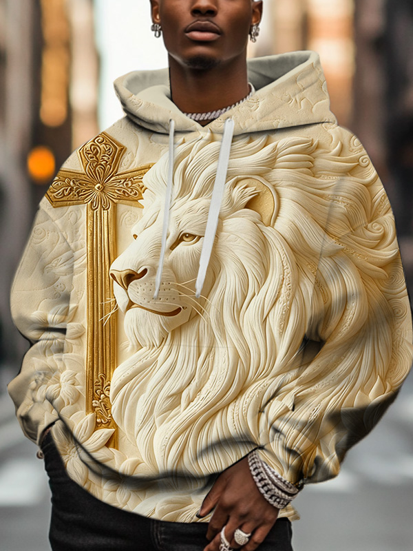 Men'S Retro Relief Lion And Golden Cross Art Print Hoodie