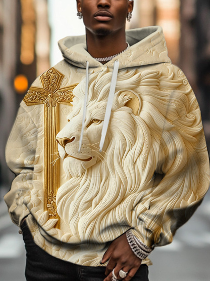 Men'S Retro Relief Lion And Golden Cross Art Print Hoodie