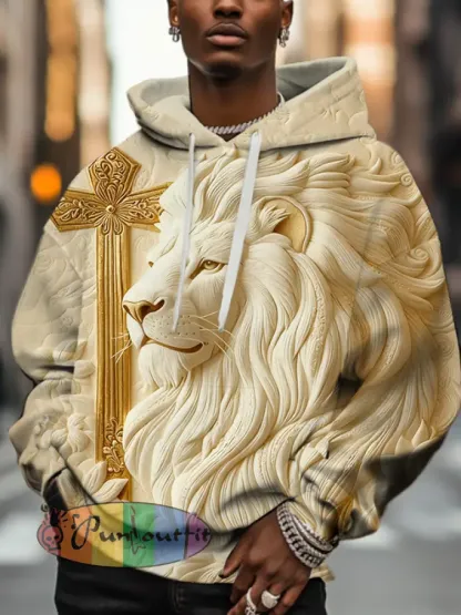 Men'S Retro Relief Lion And Golden Cross Art Print Hoodie