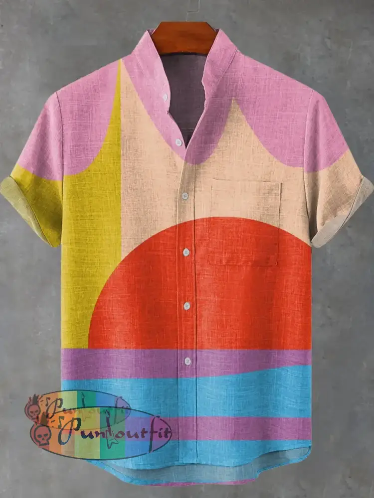 Colorful Abstract Art Vintage Print Casual 100% Cotton Shirt Multicolor / S GEOMETRIC ART DESIGN