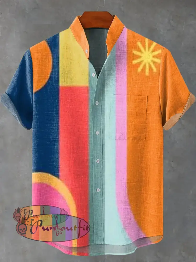 Colorful Modern Medieval Abstract Geometric Vintage Print Casual 100% Cotton Shirt Multicolor / S GEOMETRIC ART DESIGN