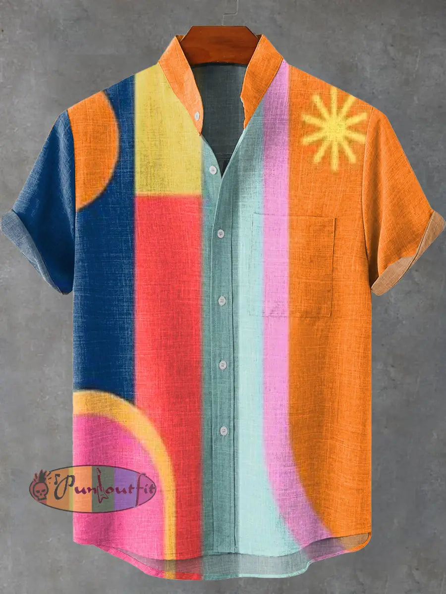 Colorful Modern Medieval Abstract Geometric Vintage Print Casual 100% Cotton Shirt Multicolor / S GEOMETRIC ART DESIGN