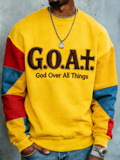 Men's Colorblock Goat God Over All Things Print Casual Sweatshirt