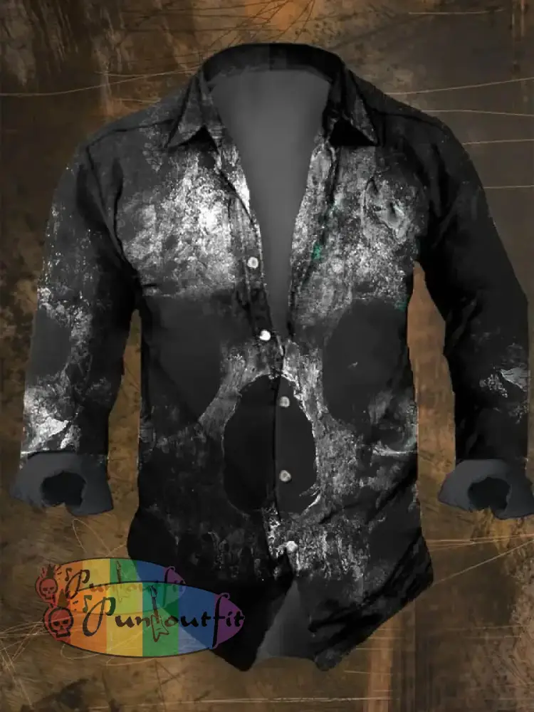 Dark Retro Skull Print Long Sleeve Shirt Multicolor / S