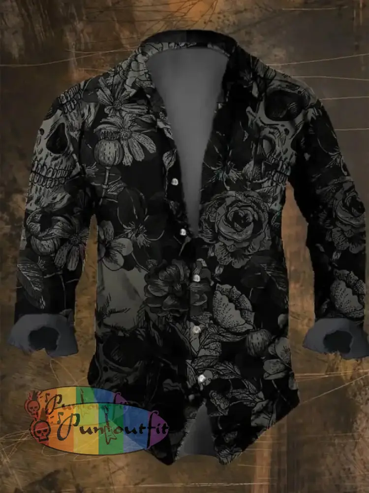 Dark Retro Skull Print Long Sleeve Shirt Multicolor / S