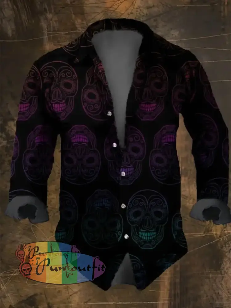 Dark Retro Skull Print Long Sleeve Shirt Multicolor / S
