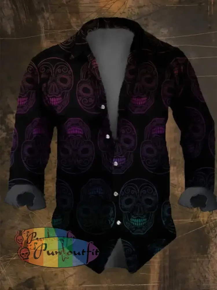 Dark Retro Skull Print Long Sleeve Shirt Multicolor / S