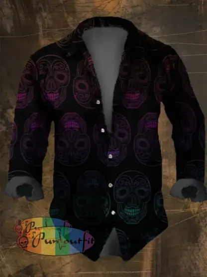 Dark Retro Skull Print Long Sleeve Shirt Multicolor / S