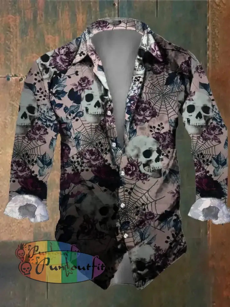 Dark Retro Skull Print Long Sleeve Shirt Multicolor / S