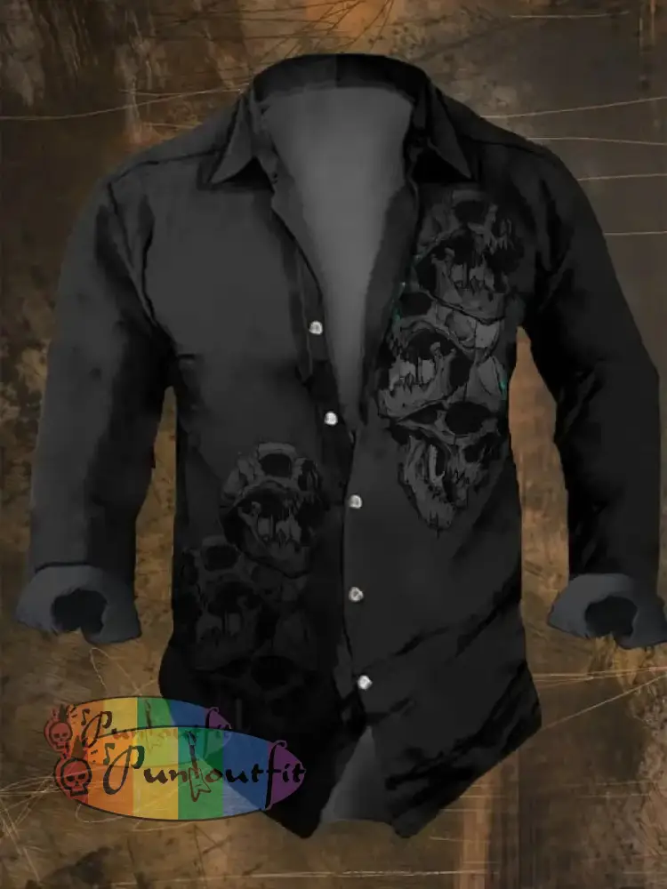 Dark Retro Skull Print Long Sleeve Shirt Multicolor / S