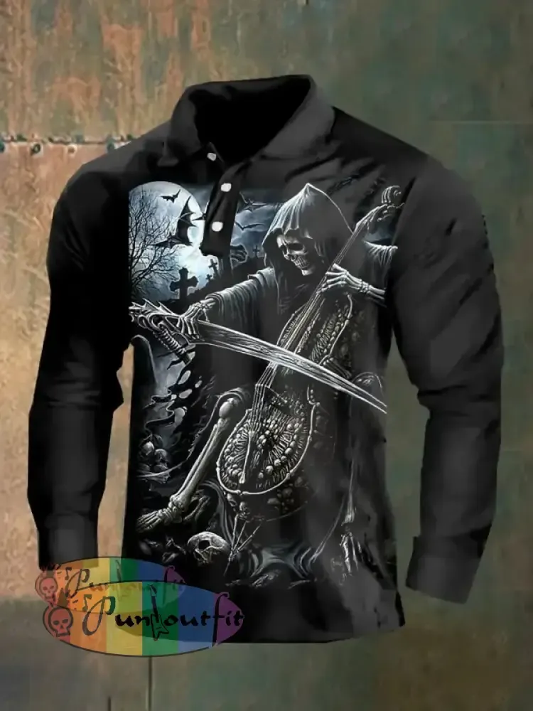 Dark Style Skull Long Sleeve Polo Shirt As Shown / M Polo