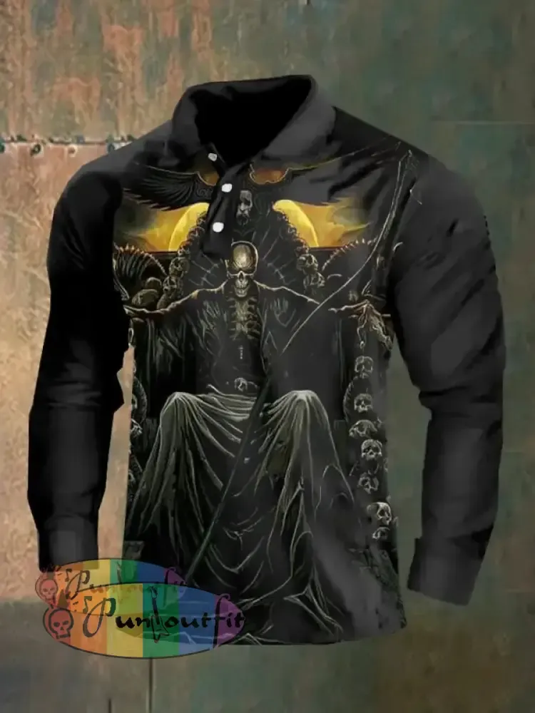 Dark Style Skull Long Sleeve Polo Shirt As Shown / M Polo