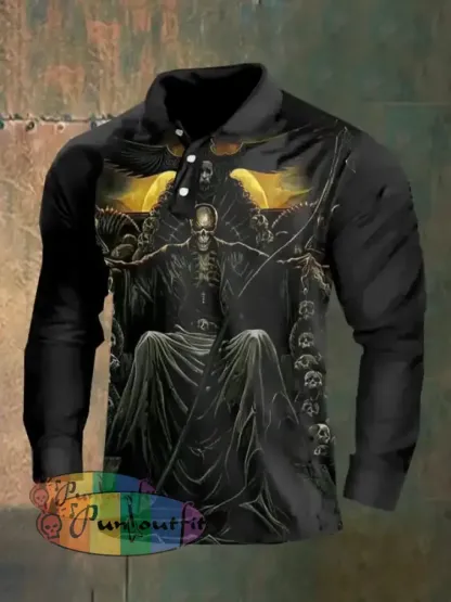Dark Style Skull Long Sleeve Polo Shirt As Shown / M Polo