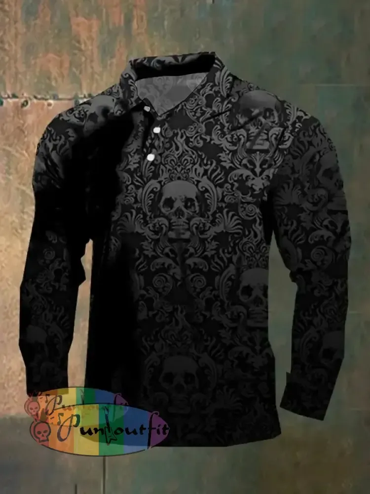 Dark Style Skull Long Sleeve Polo Shirt As Shown / M Polo