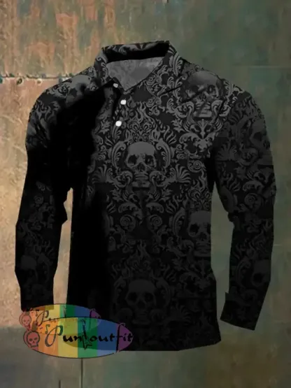 Dark Style Skull Long Sleeve Polo Shirt As Shown / M Polo