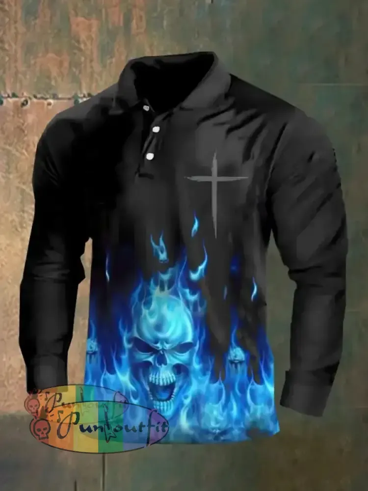 Dark Style Skull Long Sleeve Polo Shirt As Shown / M Polo