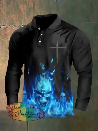 Dark Style Skull Long Sleeve Polo Shirt As Shown / M Polo
