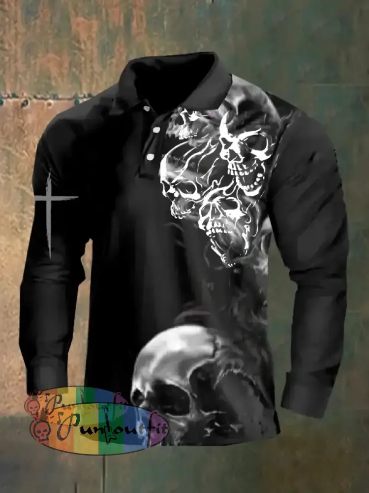 Dark Style Skull Long Sleeve Polo Shirt As Shown / M Polo