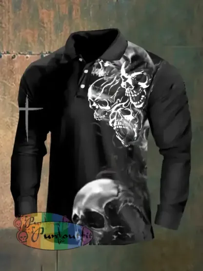 Dark Style Skull Long Sleeve Polo Shirt As Shown / M Polo