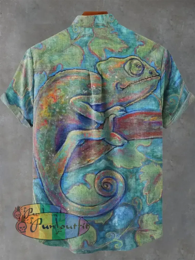 Decorative Pattern of Painting Art Lizard Climbing On Tree Branch Casual 100% Cotton Shirt GEOMETRIC ART DESIGN