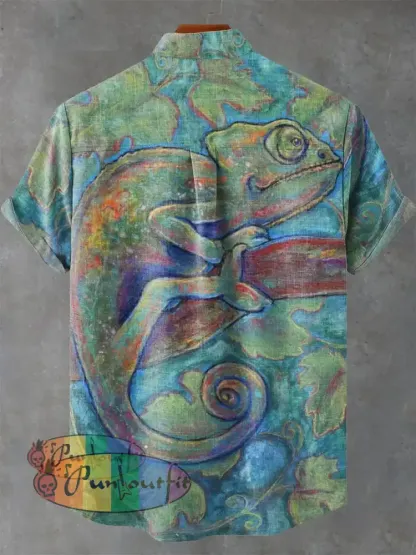 Decorative Pattern of Painting Art Lizard Climbing On Tree Branch Casual 100% Cotton Shirt GEOMETRIC ART DESIGN