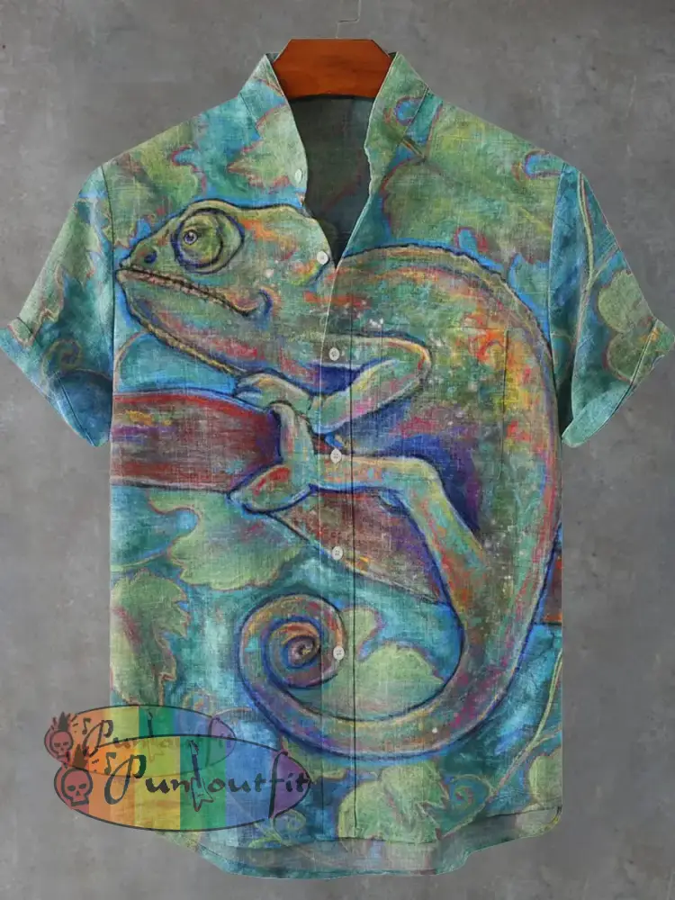 Decorative Pattern of Painting Art Lizard Climbing On Tree Branch Casual 100% Cotton Shirt Multicolor / S GEOMETRIC ART