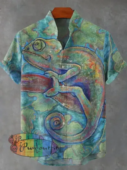 Decorative Pattern of Painting Art Lizard Climbing On Tree Branch Casual 100% Cotton Shirt Multicolor / S GEOMETRIC ART