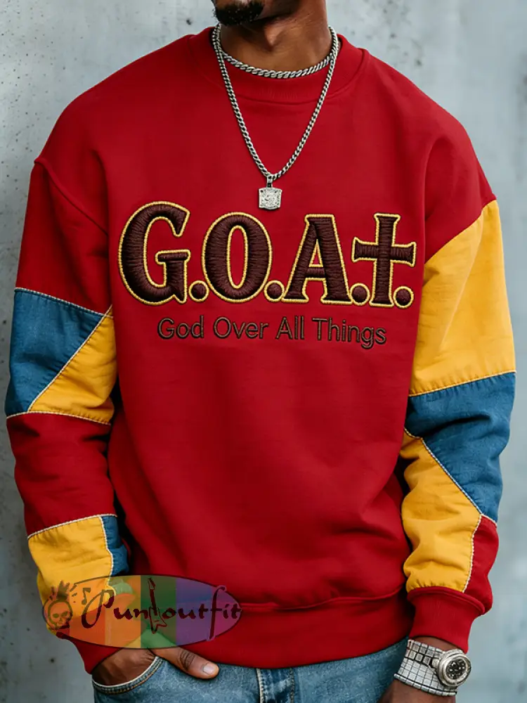 Men's Colorblock Goat God Over All Things Print Casual Sweatshirt