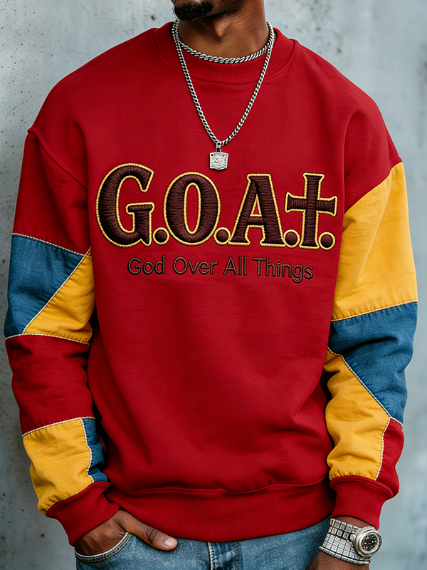 Men's Colorblock Goat God Over All Things Print Casual Sweatshirt