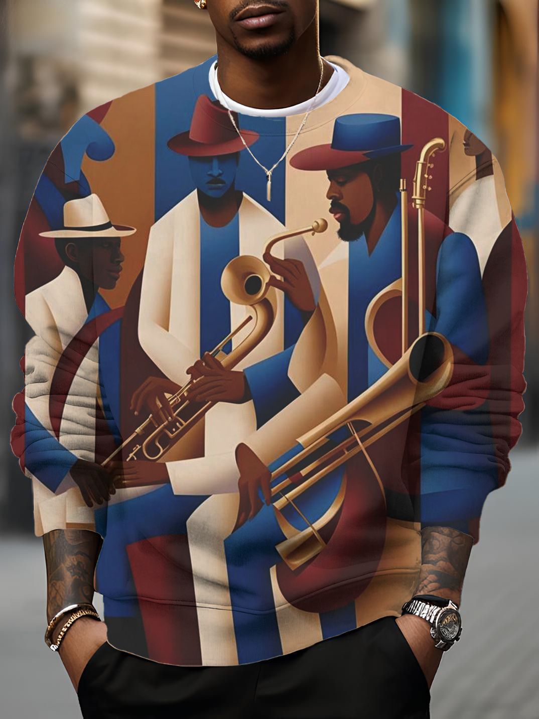 Men's Jazz Musician Colorblock Art Print Casual Sweatshirt