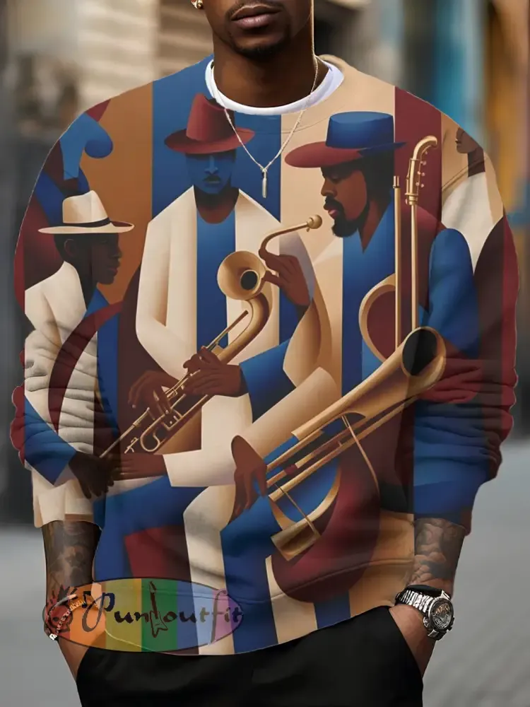 Men's Jazz Musician Colorblock Art Print Casual Sweatshirt
