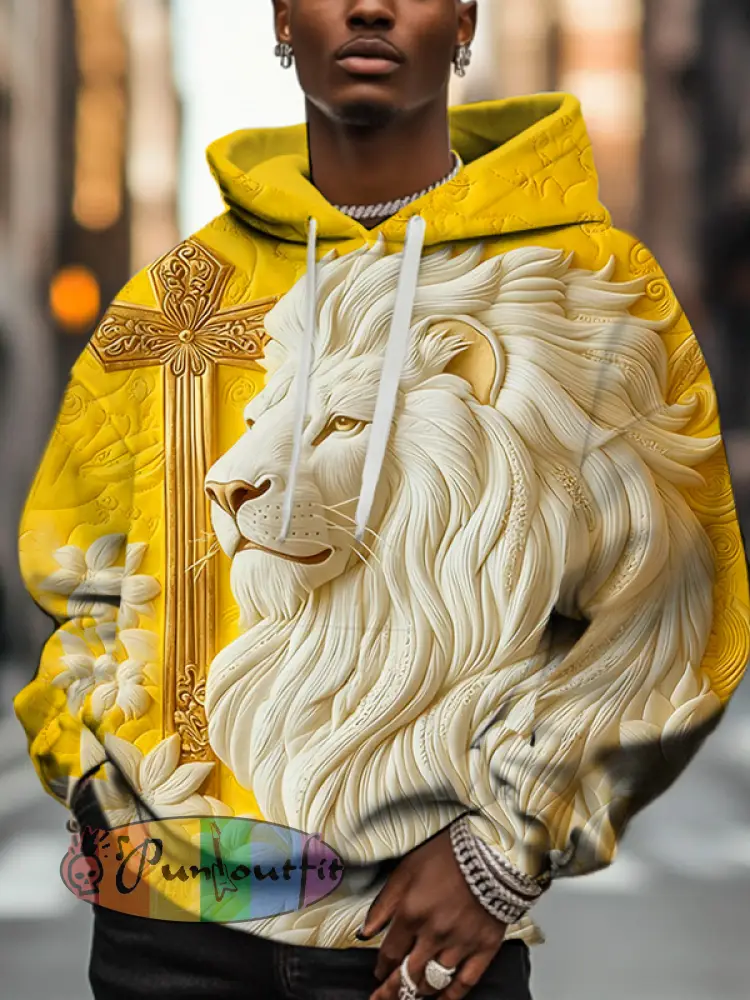 Men'S Retro Relief Lion And Golden Cross Art Print Hoodie