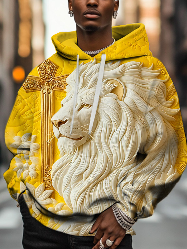 Men'S Retro Relief Lion And Golden Cross Art Print Hoodie