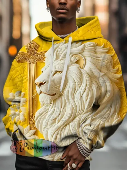 Men'S Retro Relief Lion And Golden Cross Art Print Hoodie