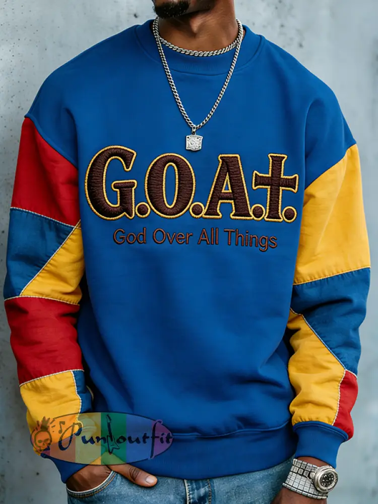Men's Colorblock Goat God Over All Things Print Casual Sweatshirt