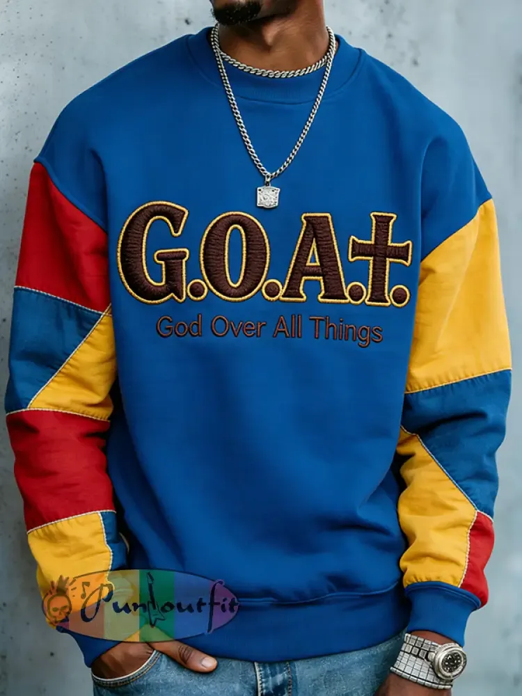Men's Colorblock Goat God Over All Things Print Casual Sweatshirt